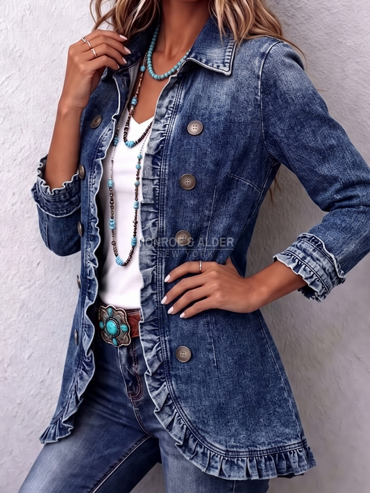 Kathleen ruffled denim jacket in Medium Blue, side view showing the ruffled placket and rolled cuffs