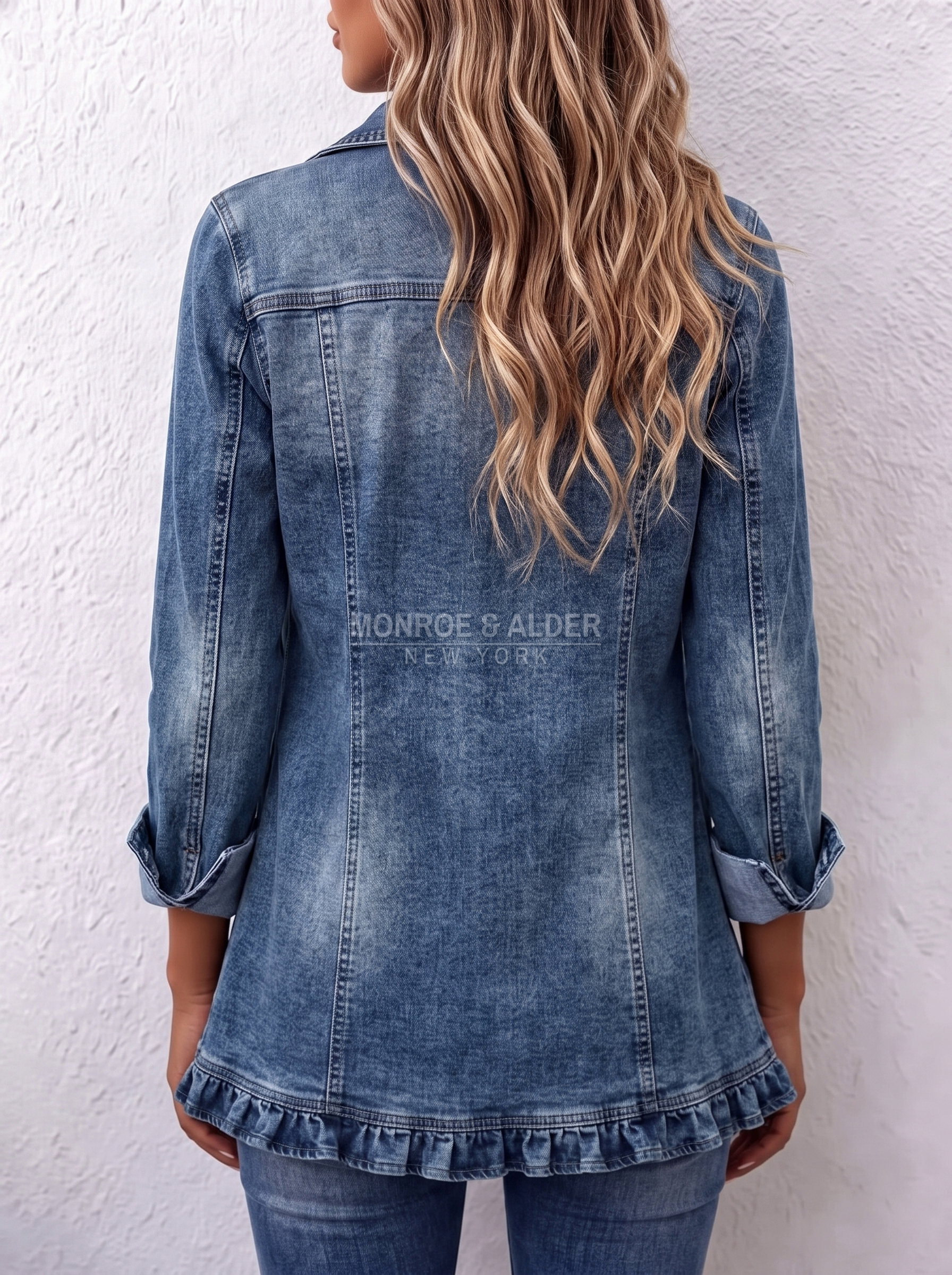 Back view of the Kathleen ruffled denim jacket in Medium Blue, showing the ruffled hem