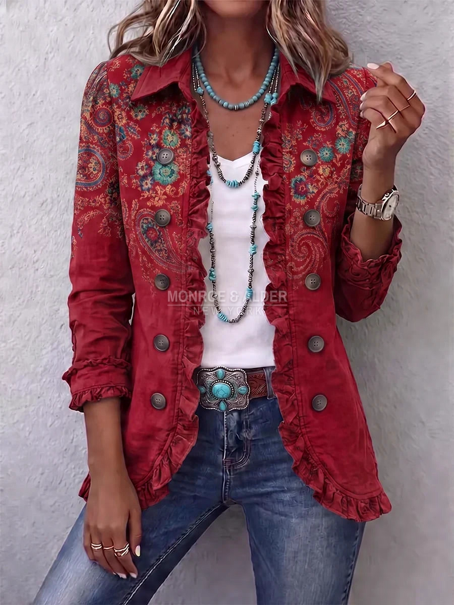 Juanita jacket in Red, front view with bohemian paisley print