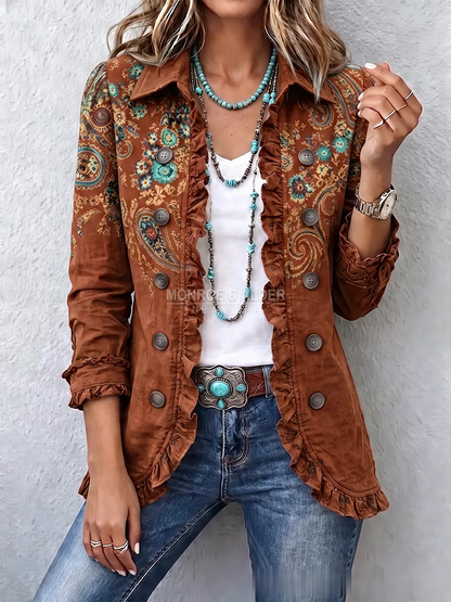 Juanita jacket in Rust, front view with bohemian paisley print
