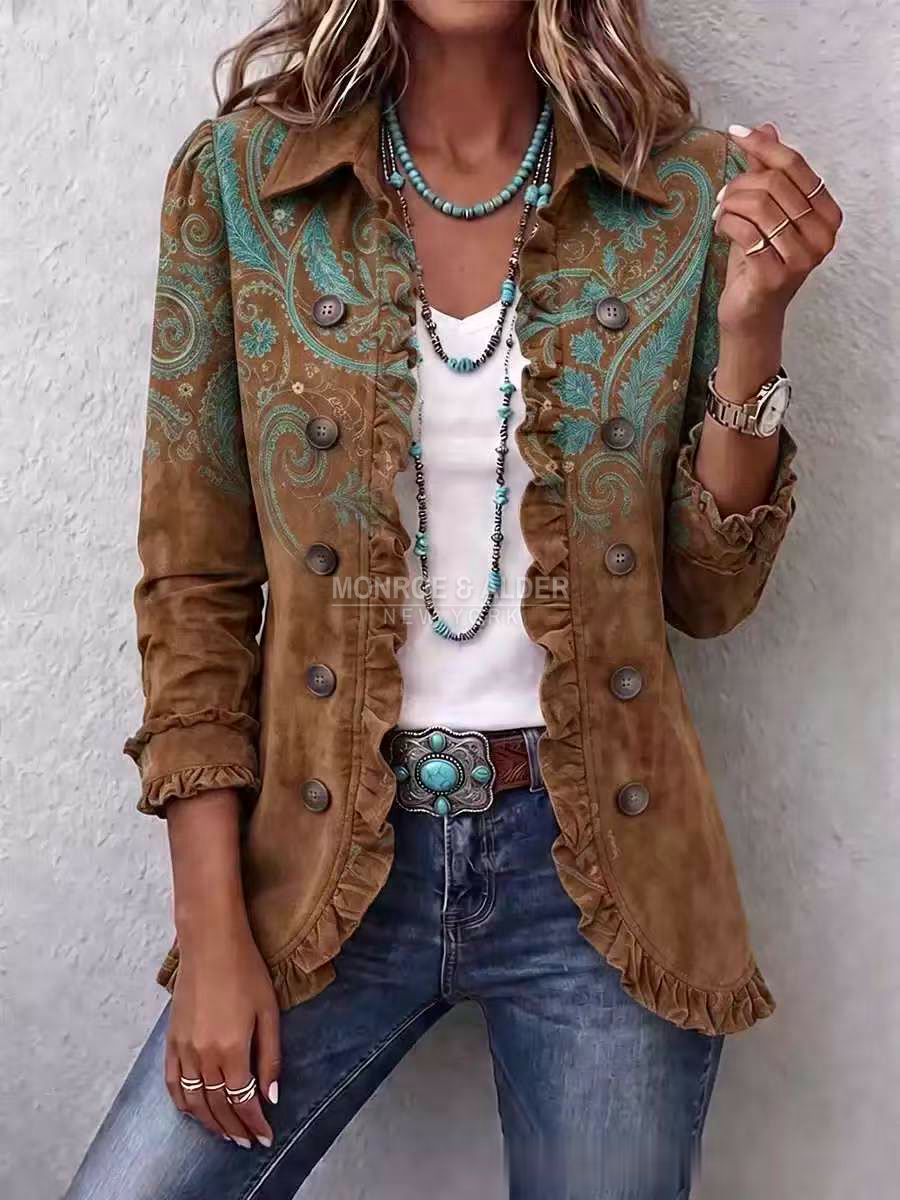 Juanita jacket in Tan, front view with bohemian paisley print