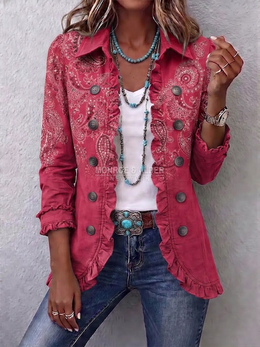 Antoinette jacket in Rose Pink, front view with vintage rose paisley print