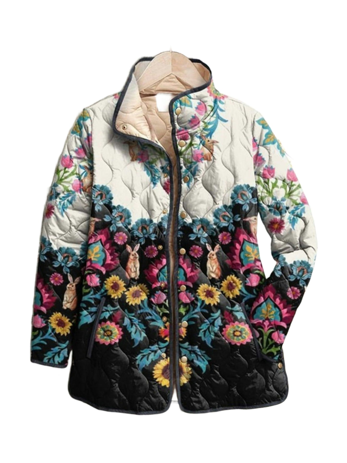 Lydia quilted jacket in a folk meadow print with rabbits, front view