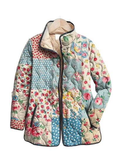 Emmeline quilted jacket in a patchwork quilt print, front view