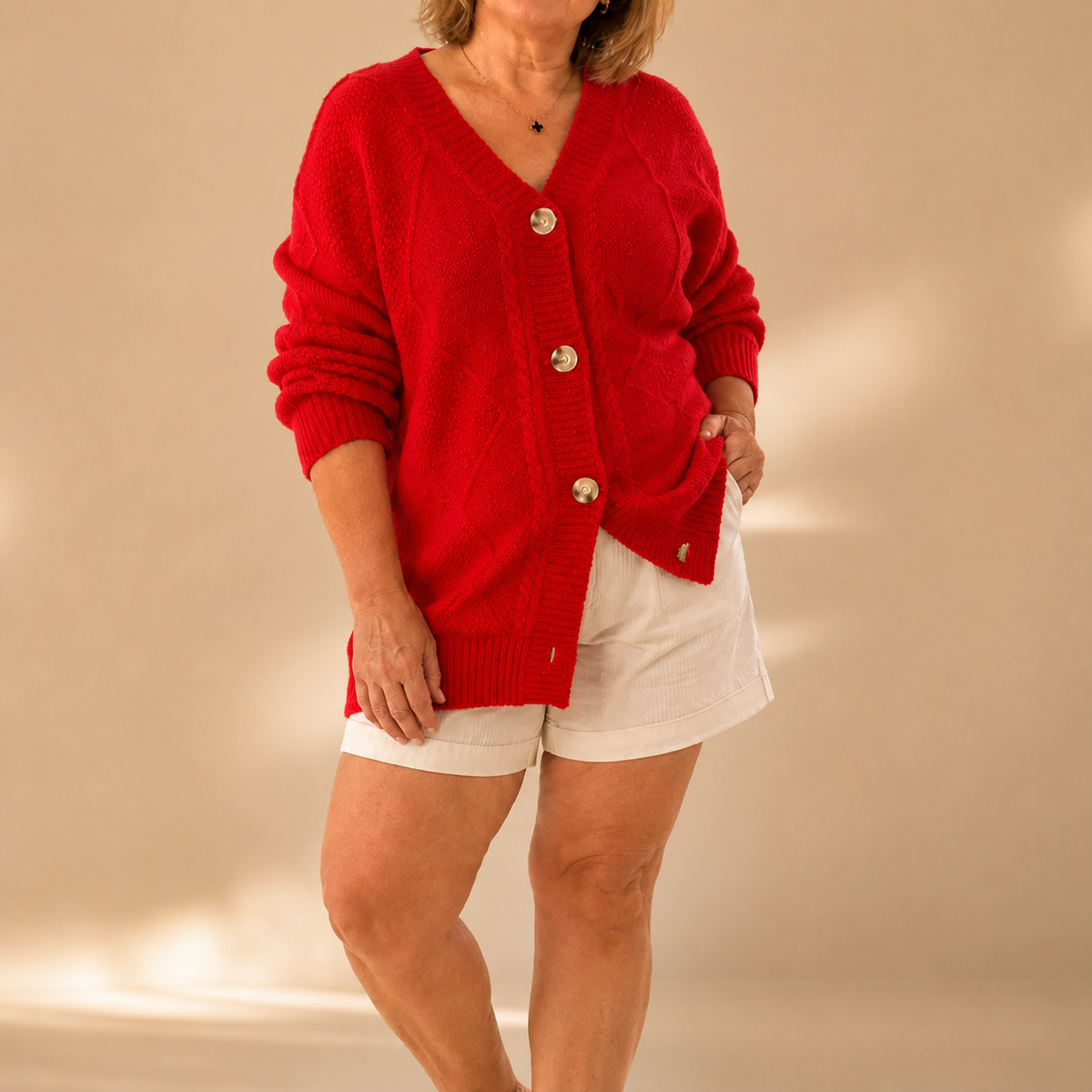 Maxine soft knit button cardigan in red, front view