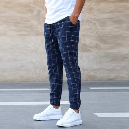 Hayes checkered jogger pants in navy, side view