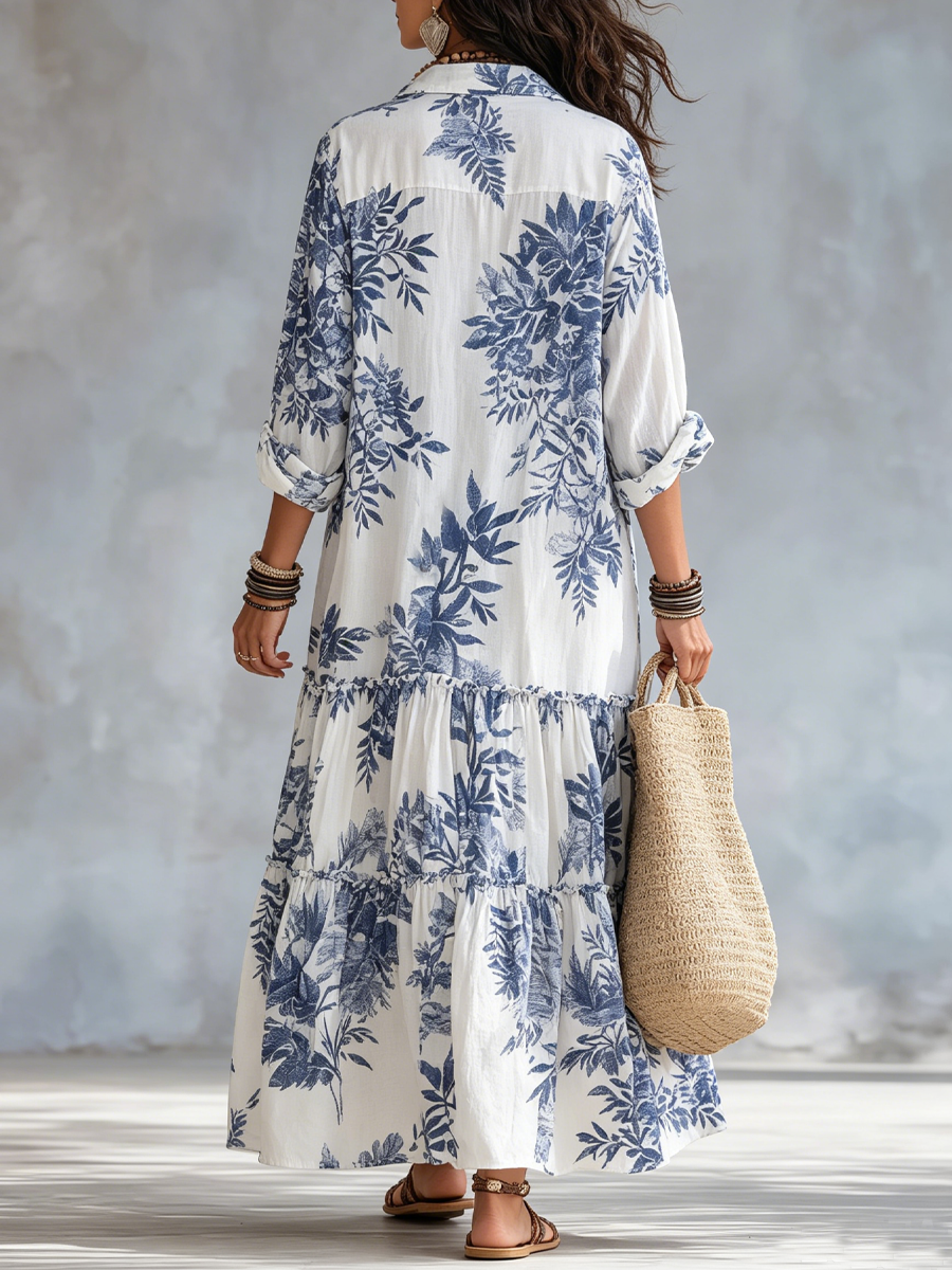Back view of the Opal blue floral tiered maxi dress