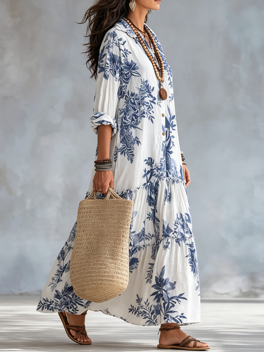 Side view of the Opal maxi dress showing the tiered volume and the rolled sleeve