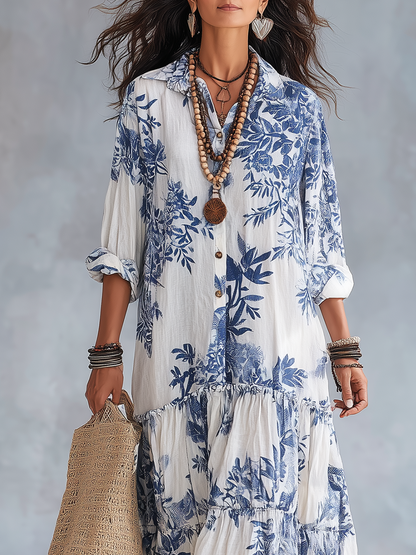 Close view of the button-front bodice and point collar of the Opal maxi dress