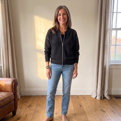 Yvette knitted cardigan in Black, full look with jeans in warm afternoon light