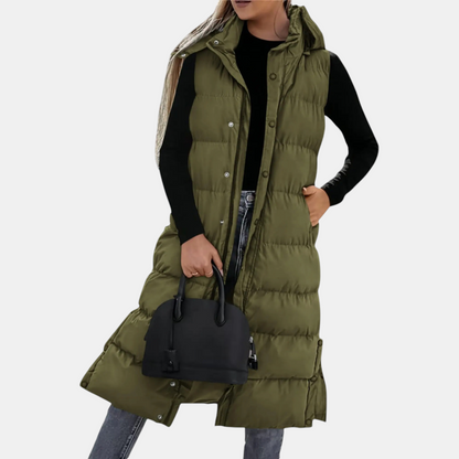 Thelma quilted hooded maxi vest in olive green, front view worn open