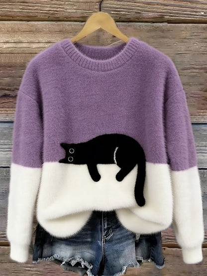 Bonnie cat print oversized sweater in lavender, front view