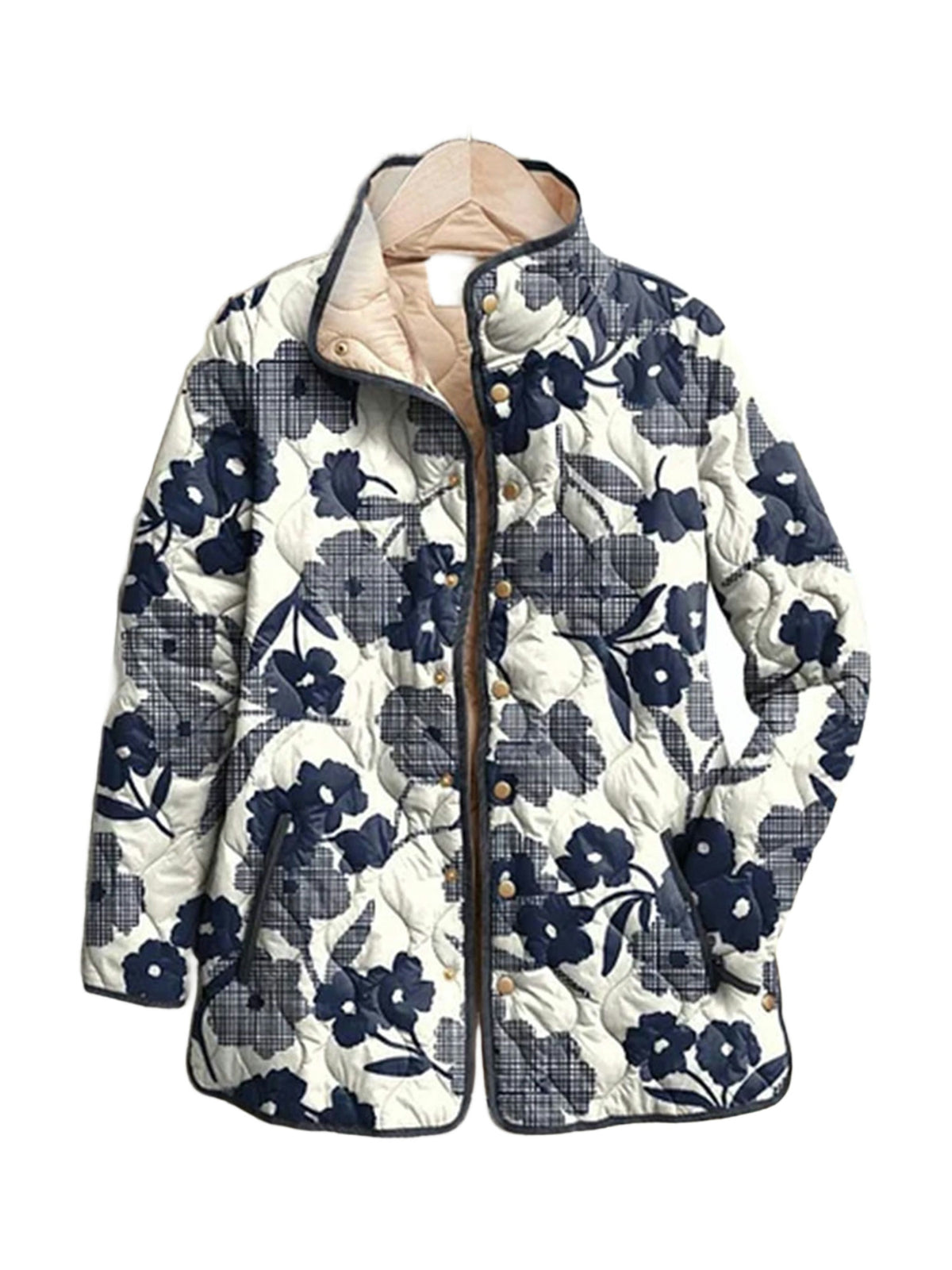 Adela quilted jacket in a navy and ivory floral print, front view