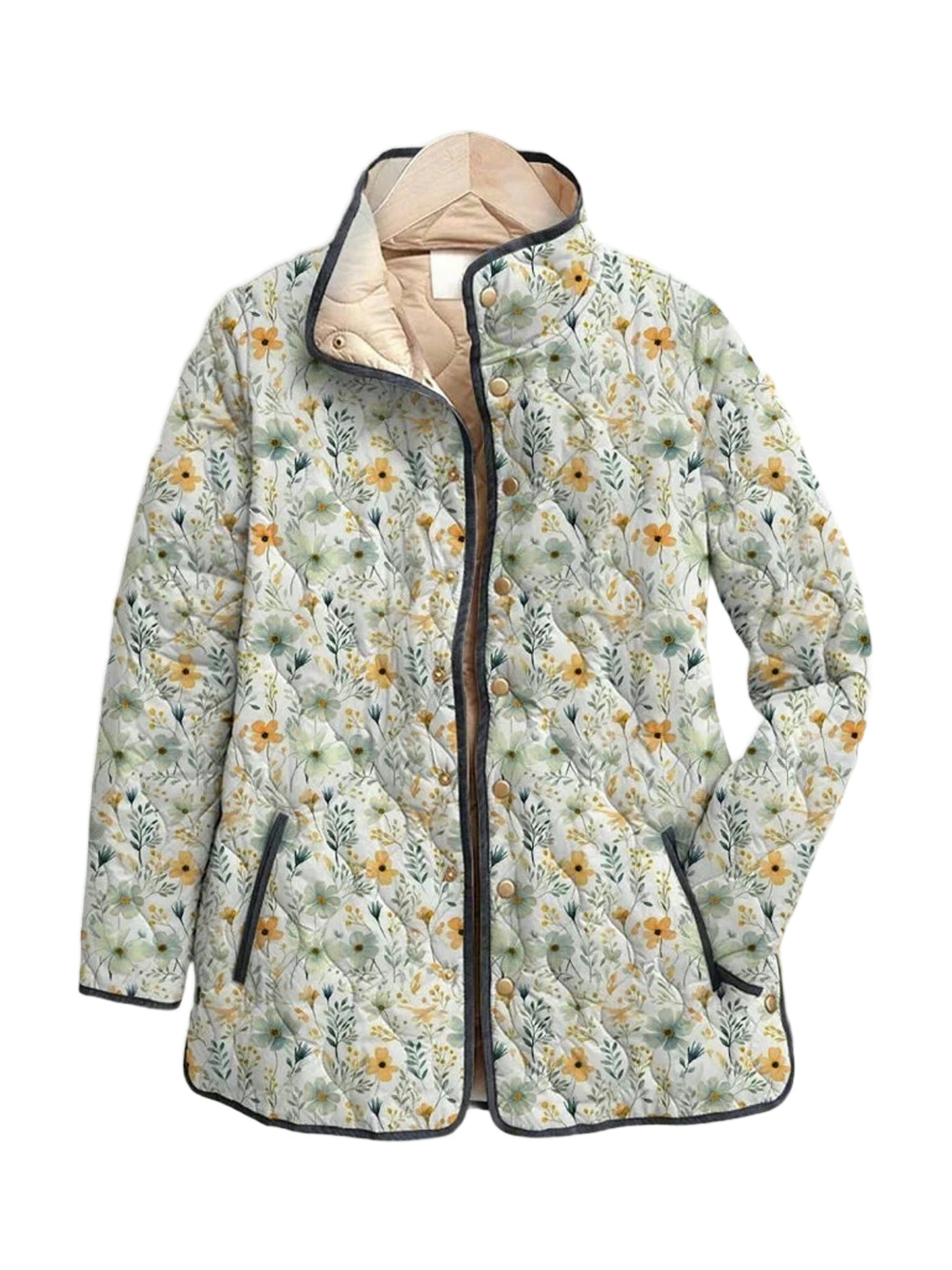 Flora quilted jacket in a sage daisy meadow print, front view
