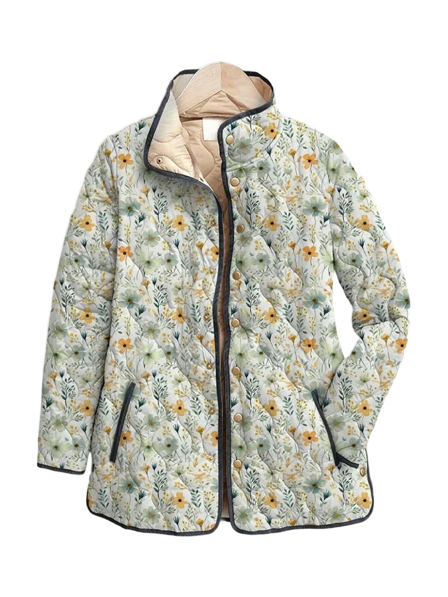 Flora quilted jacket in a sage daisy meadow print, front view