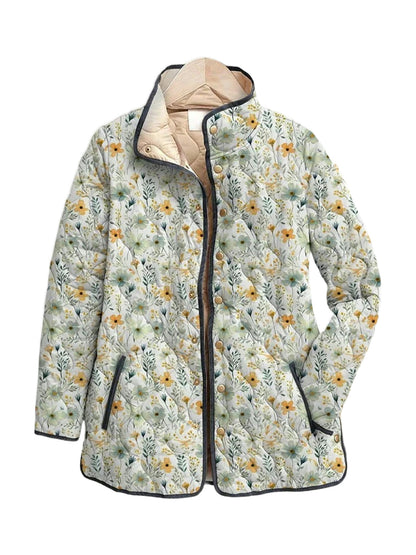 Flora quilted jacket in a sage daisy meadow print, front view