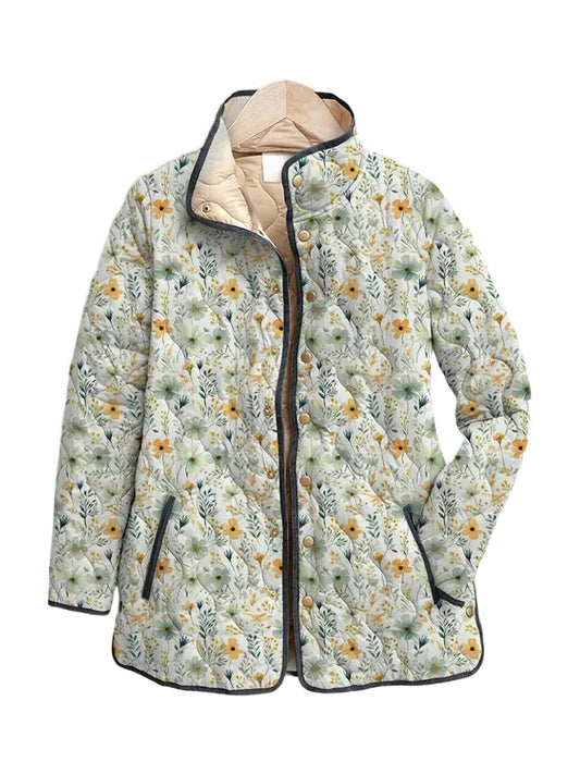Flora quilted jacket in a sage daisy meadow print, front view