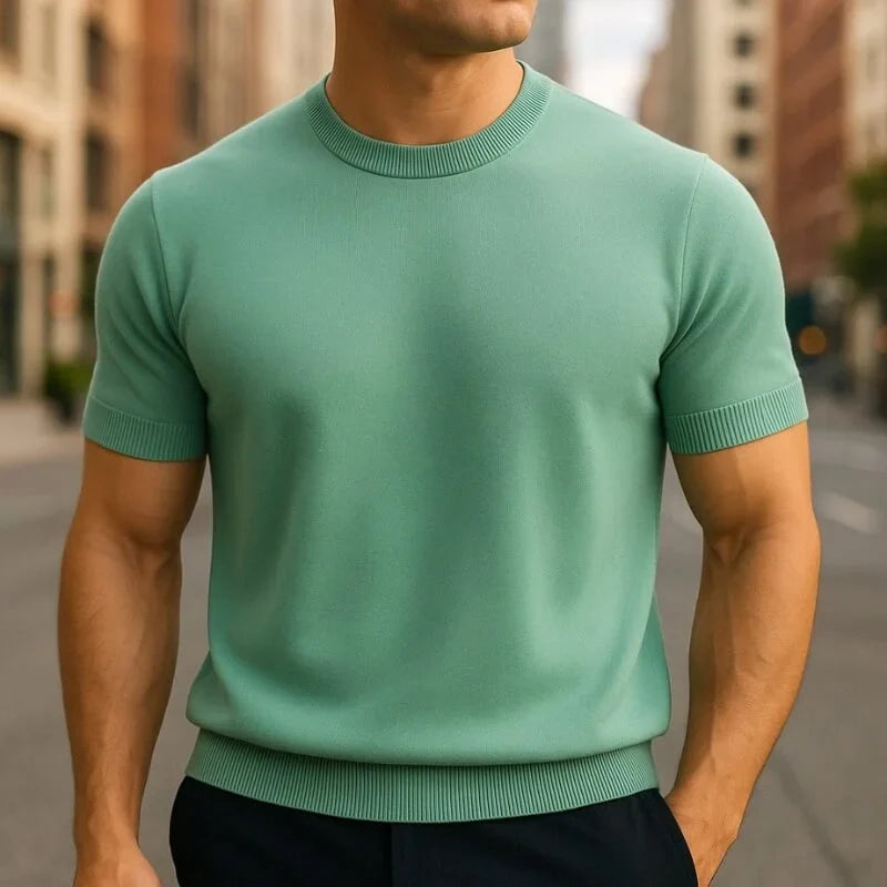 Warren fine knit t-shirt in sage green, front view