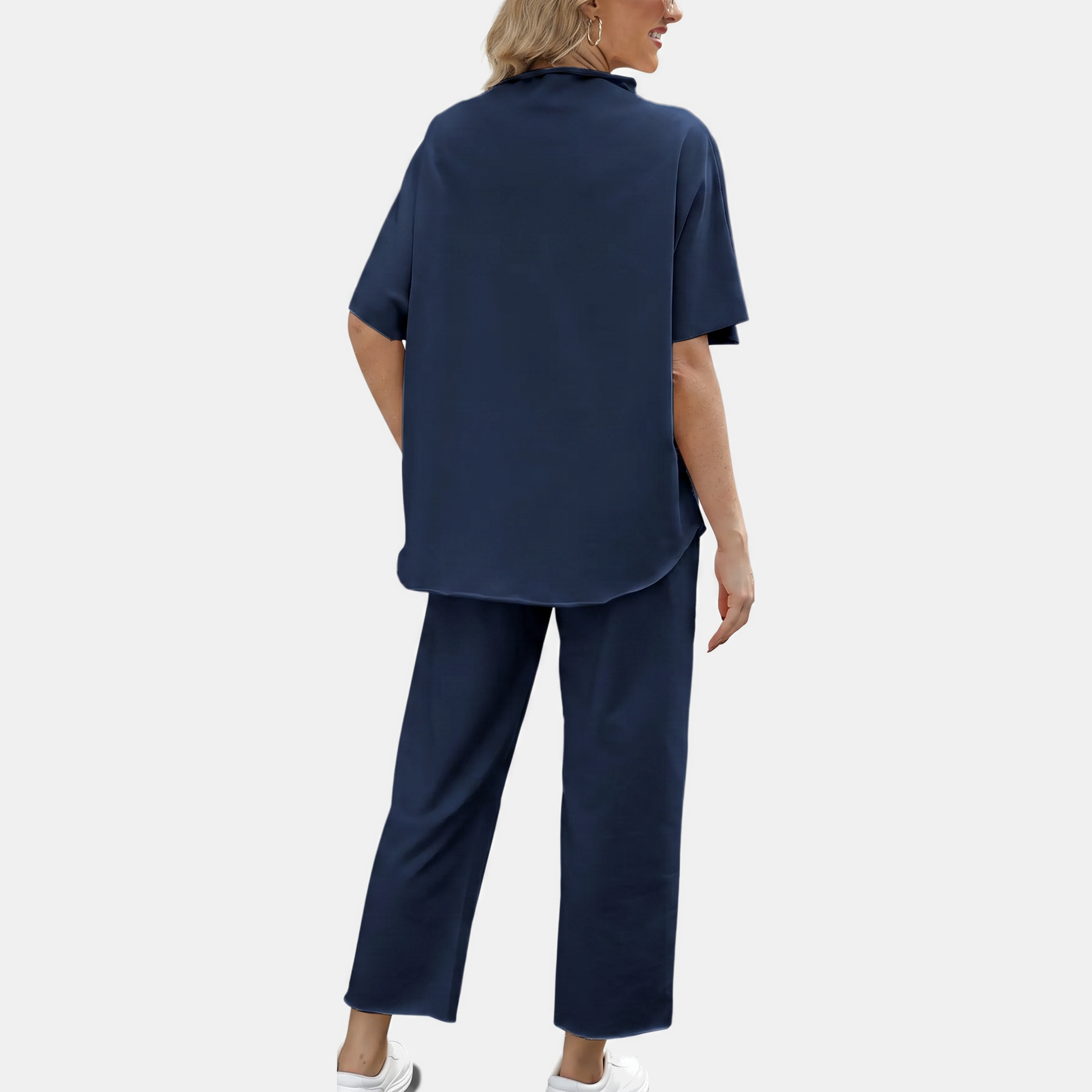 Stella mock neck lounge set in navy, back view of the boxy top and wide-leg cropped pants