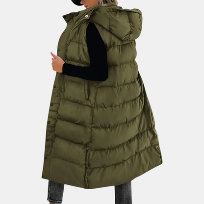 Thelma quilted hooded maxi vest in olive green, back view