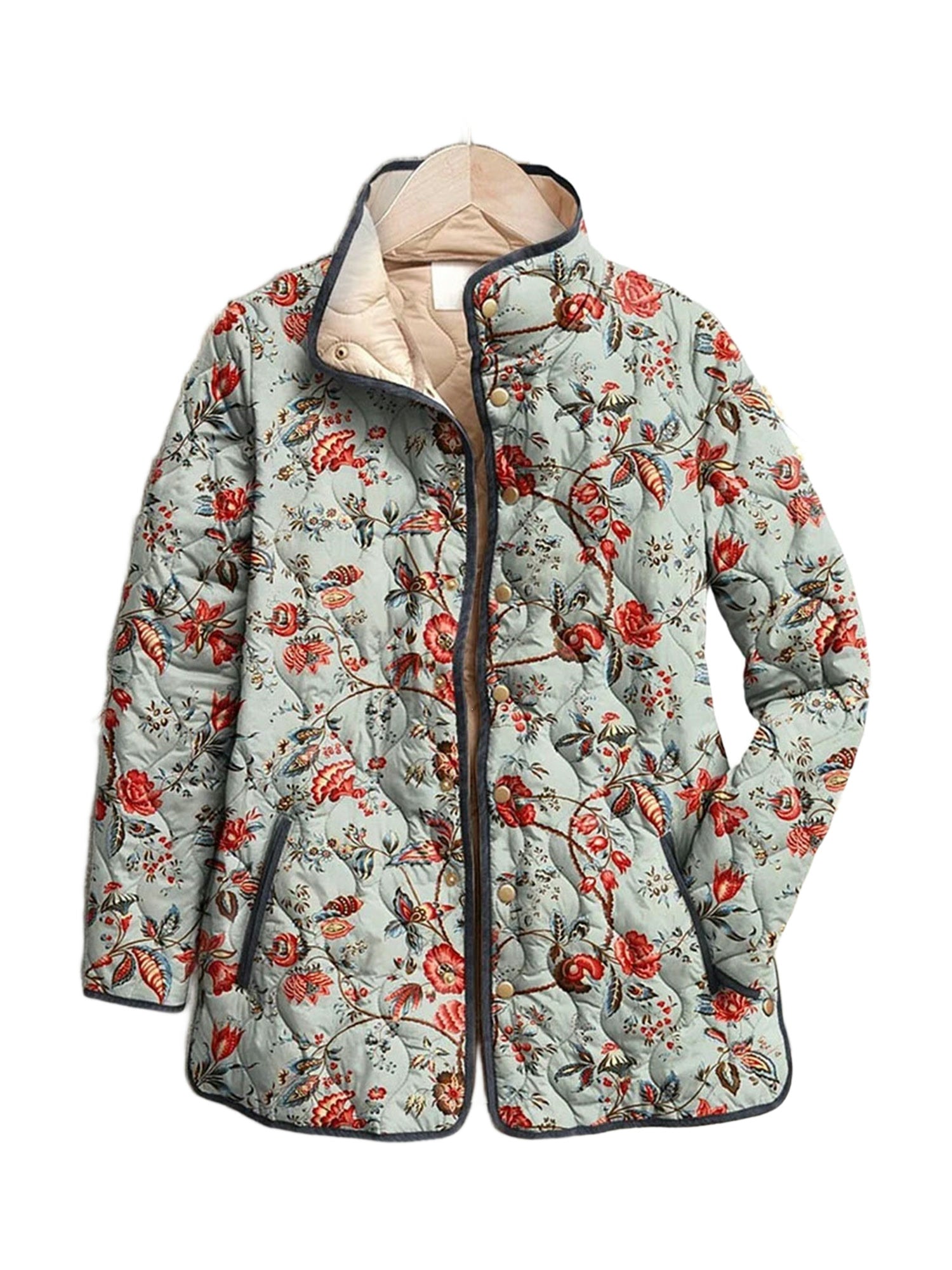Martha quilted jacket in a sage and coral floral print, front view