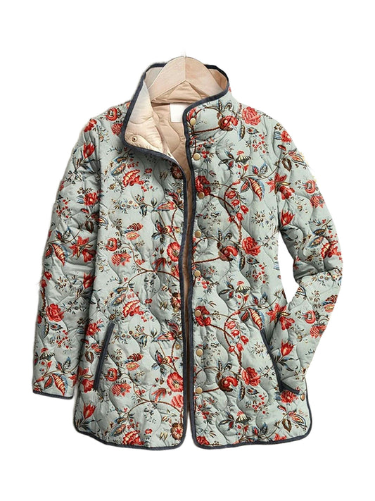 Martha quilted jacket in a sage and coral floral print, front view