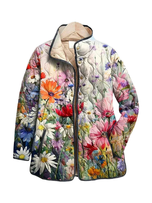 Evangeline quilted jacket in a painterly wildflower print, front view