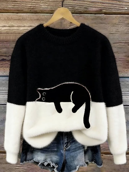 Bonnie cat print oversized sweater in black, front view