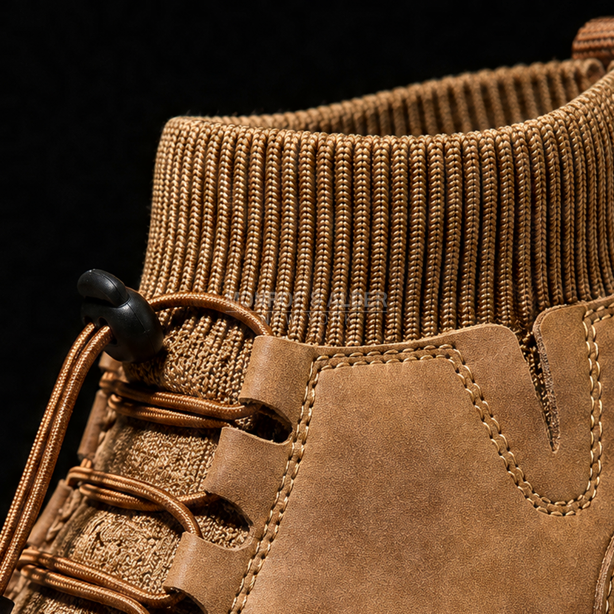Close view of the stretch-knit sock collar and hand-stitched panels on the Bridger sneaker