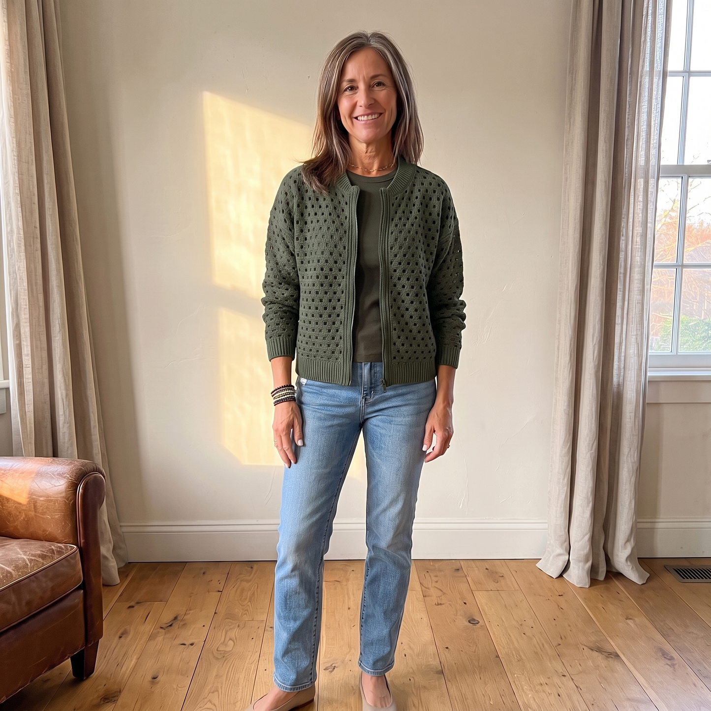 Yvette knitted cardigan in Olive Green, full look with jeans in warm afternoon light