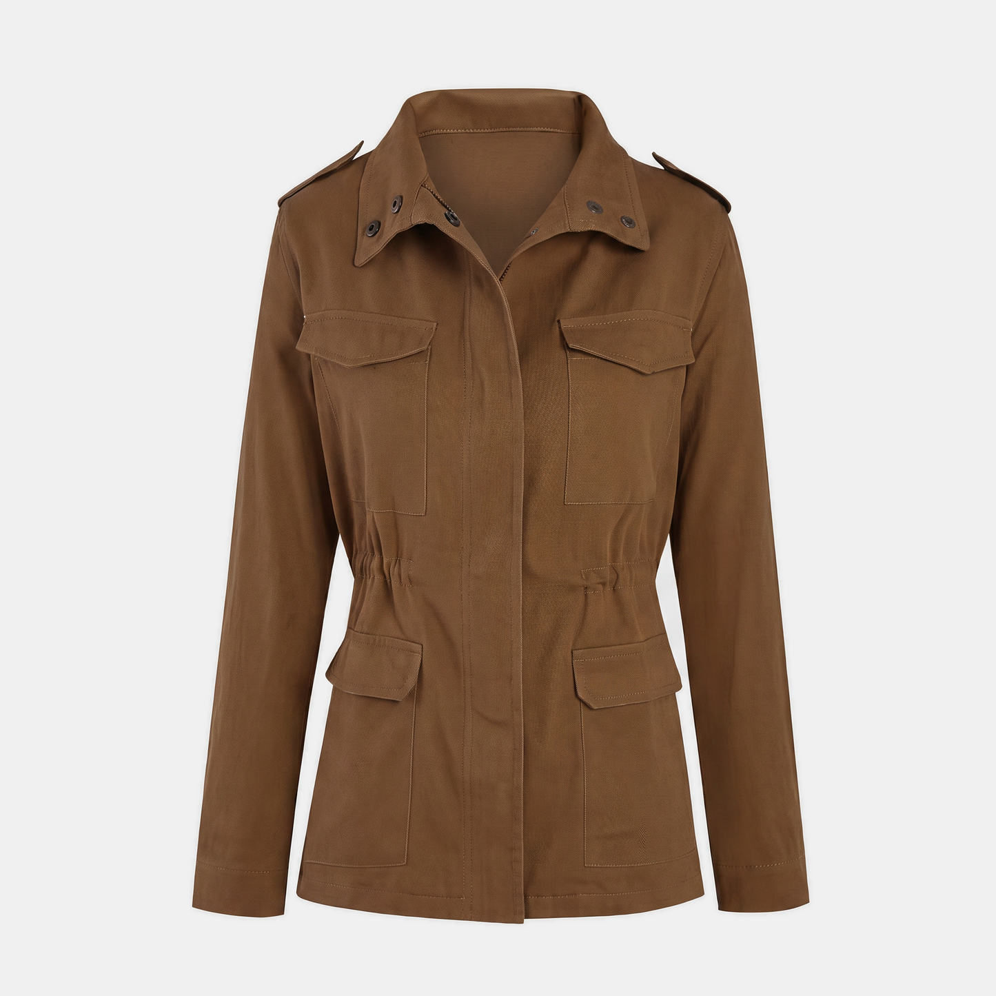 Verna utility cargo jacket in brown, full front view with all four pockets and the drawstring waist