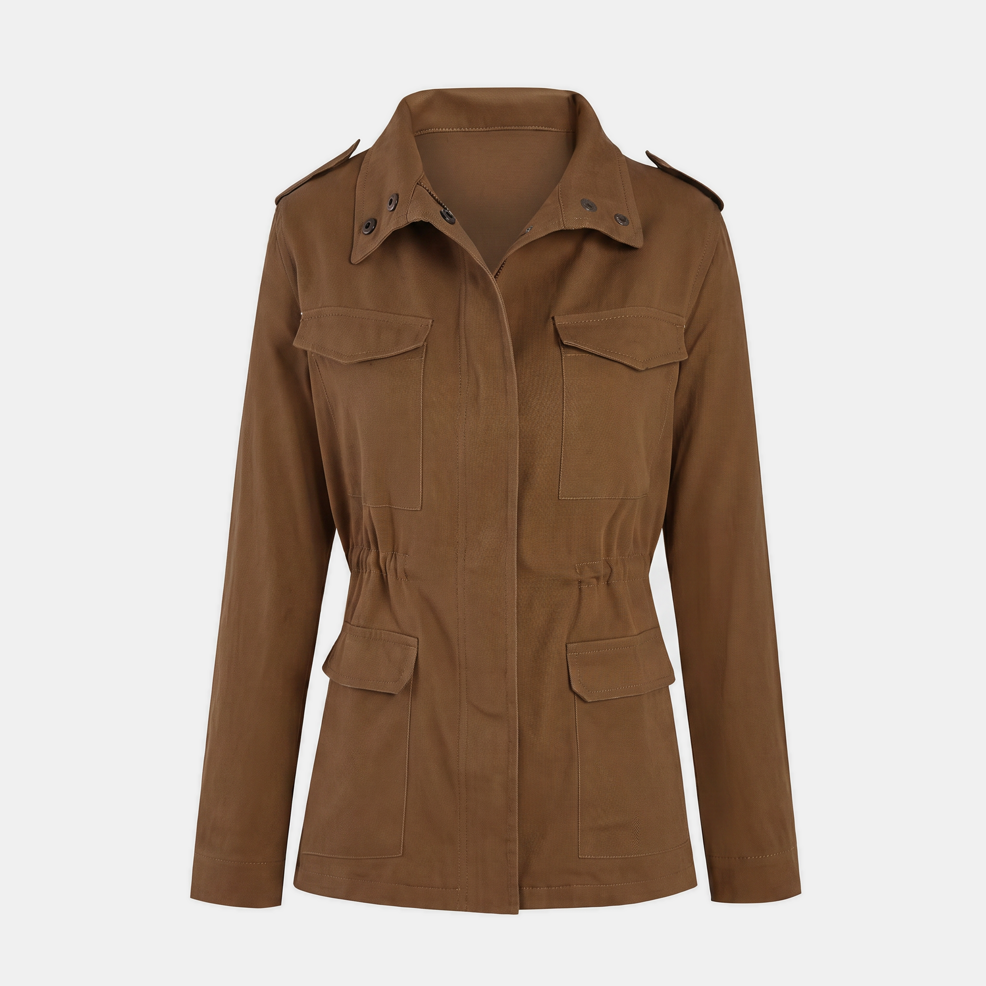 Verna utility cargo jacket in brown, full front view with all four pockets and the drawstring waist