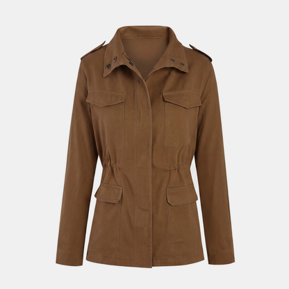 Verna utility cargo jacket in brown, full front view with all four pockets and the drawstring waist