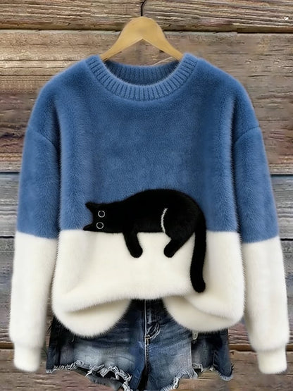 Bonnie cat print oversized sweater in blue, front view
