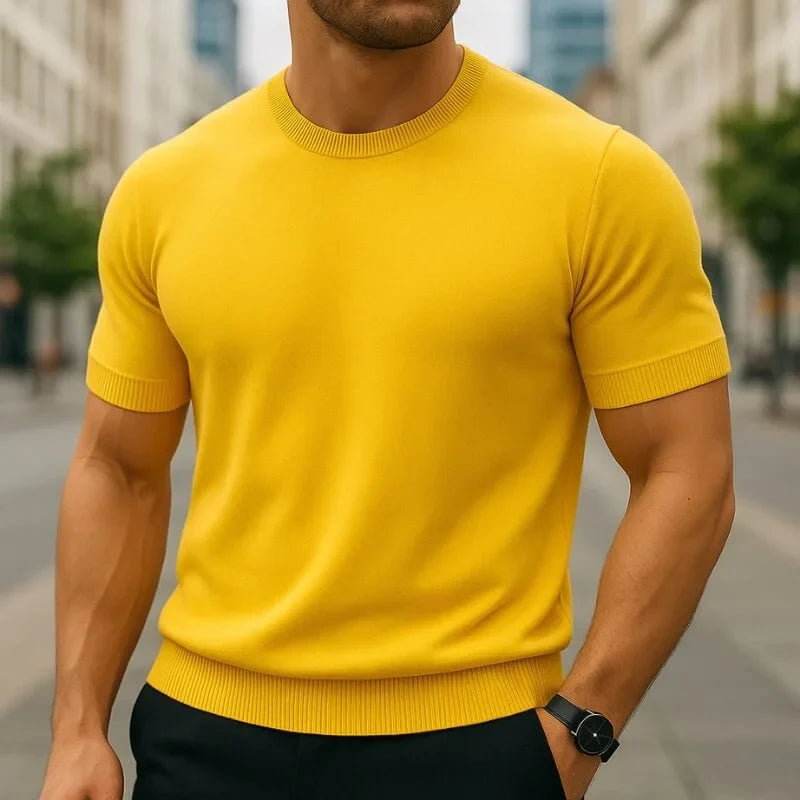 Warren fine knit t-shirt in yellow, front view