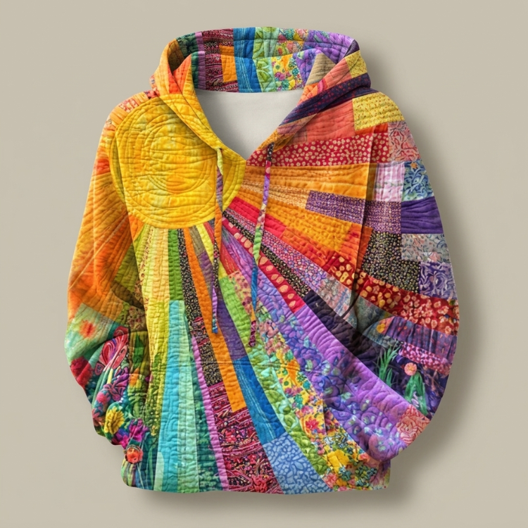 Junie hoodie in Multicolor shown flat, showing the hood, drawstring and full print layout