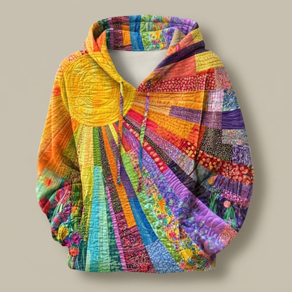 Junie hoodie in Multicolor shown flat, showing the hood, drawstring and full print layout