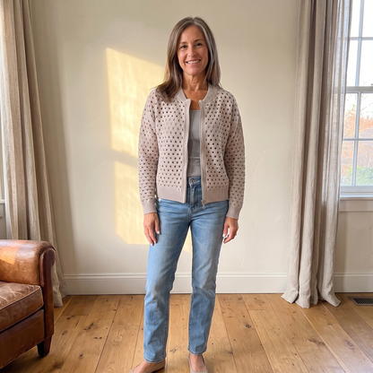 Yvette knitted cardigan in Taupe, full look with jeans in warm afternoon light