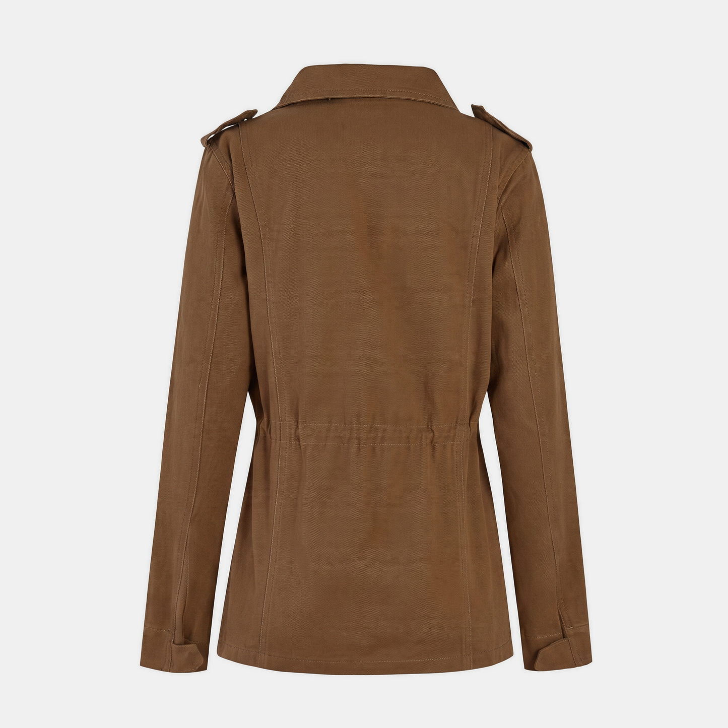 Verna utility cargo jacket in brown, back view showing the drawstring waist seam and shoulder tabs