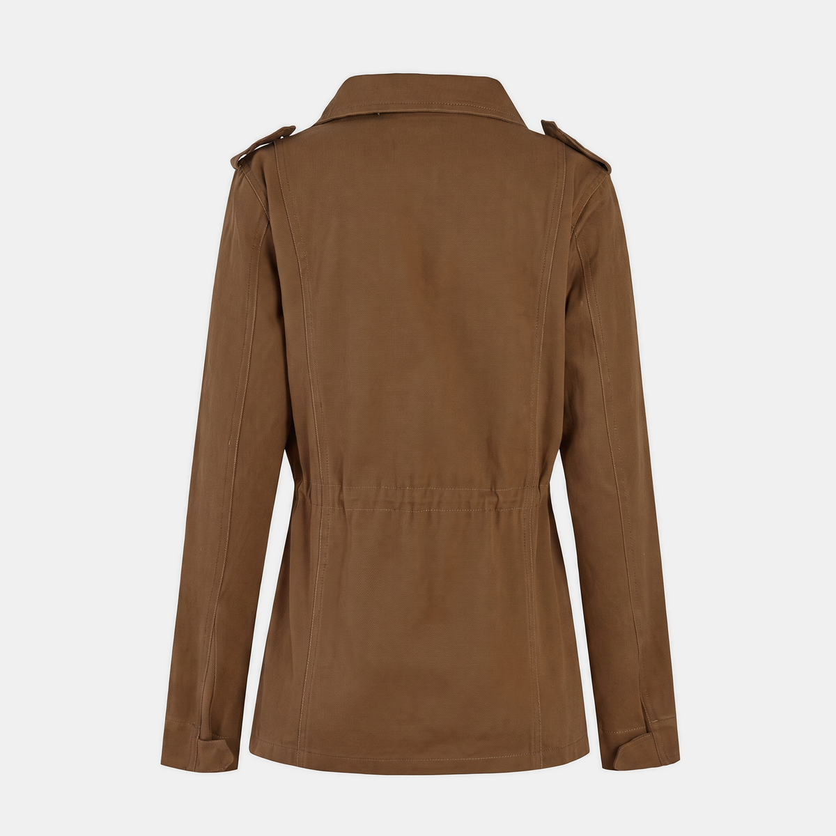 Verna utility cargo jacket in brown, back view showing the drawstring waist seam and shoulder tabs