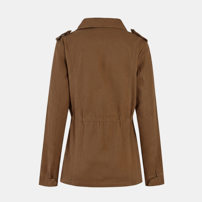 Verna utility cargo jacket in brown, back view showing the drawstring waist seam and shoulder tabs