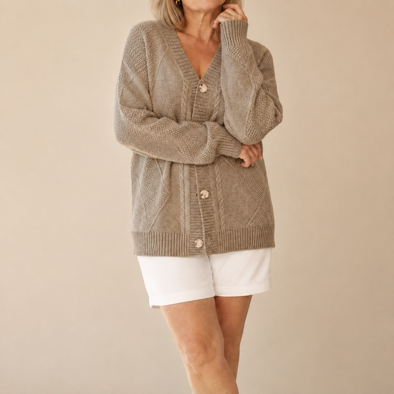 Maxine soft knit button cardigan in taupe, front view