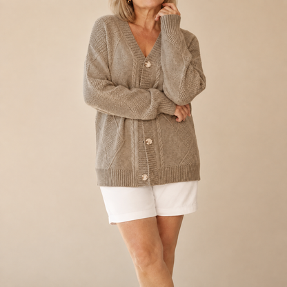 Maxine soft knit button cardigan in taupe, front view