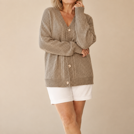 Maxine soft knit button cardigan in taupe, front view