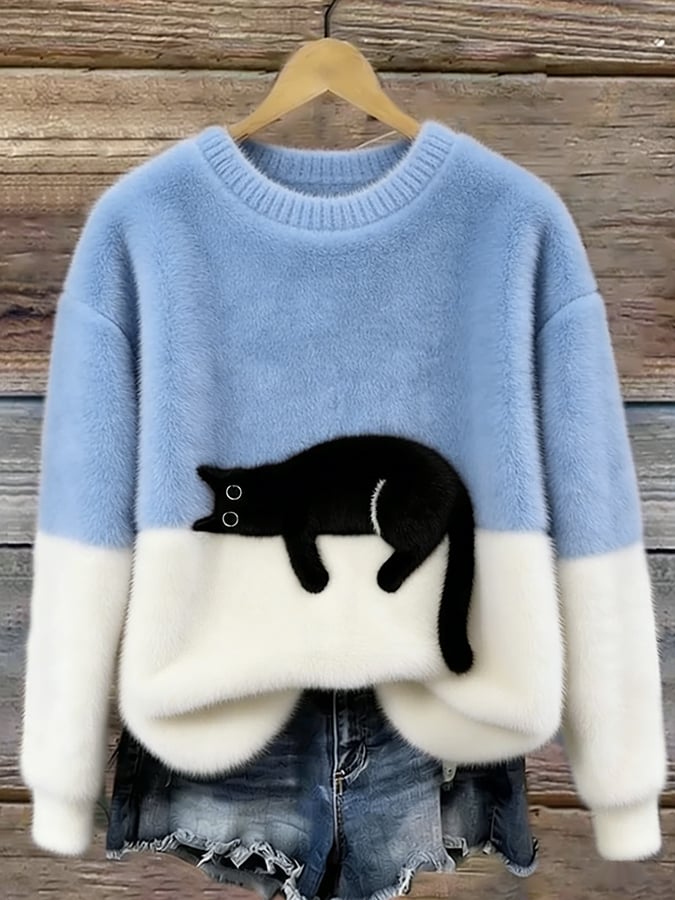 Bonnie cat print oversized sweater in light blue, front view