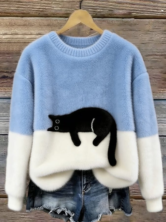 Bonnie cat print oversized sweater in light blue, front view