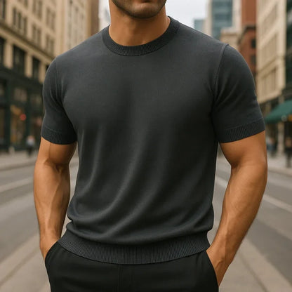 Warren fine knit t-shirt in charcoal, front view