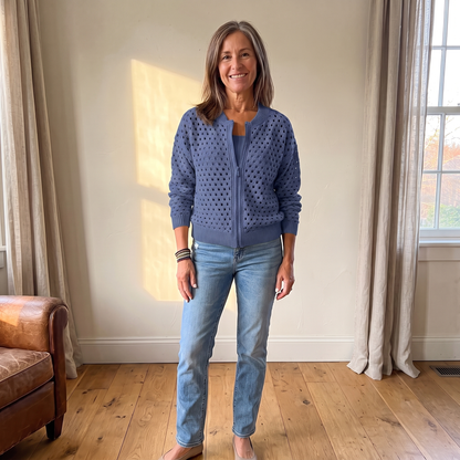 Yvette knitted cardigan in Denim Blue, full look with jeans in warm afternoon light