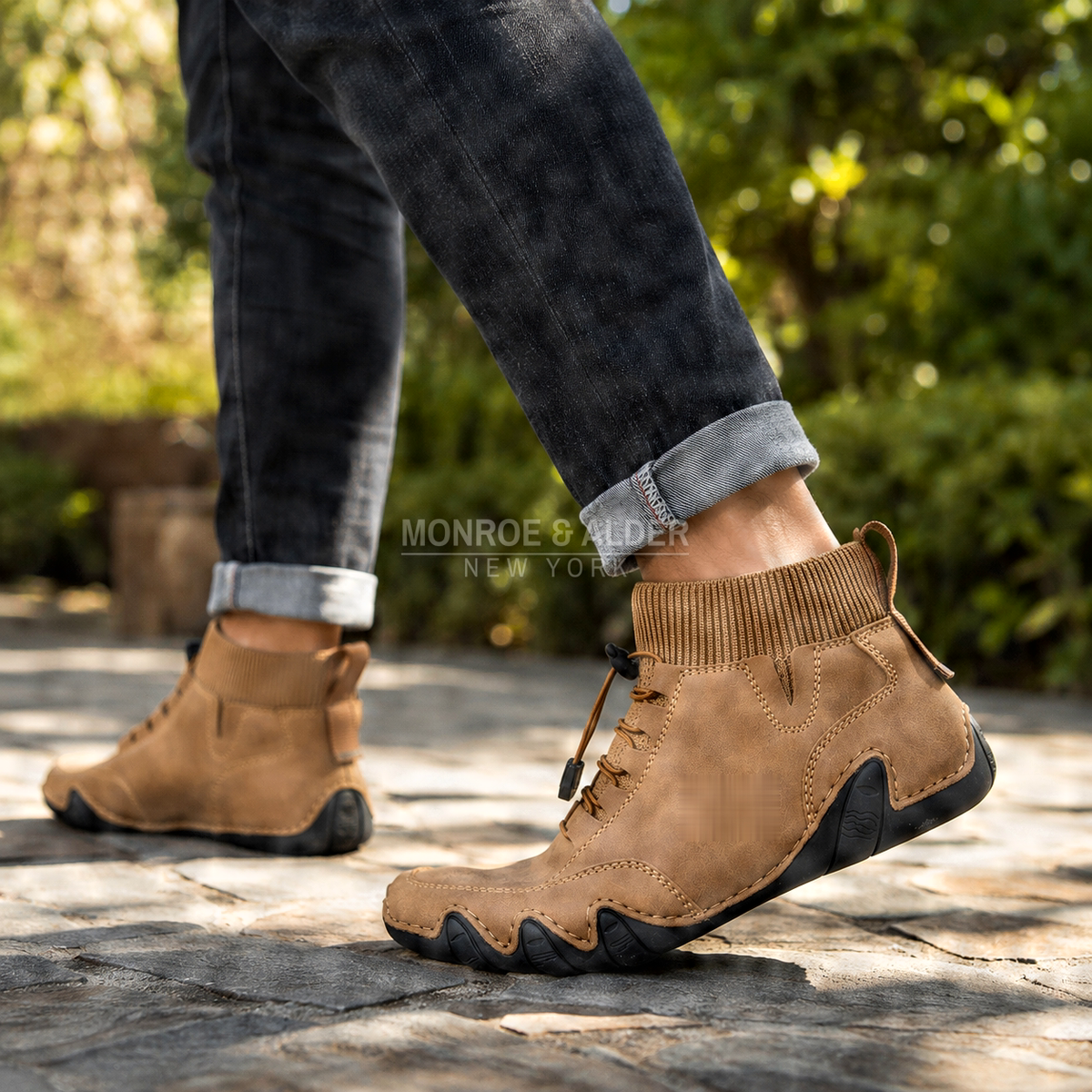 Bridger mid-top sneaker in Tan, worn on a stone path