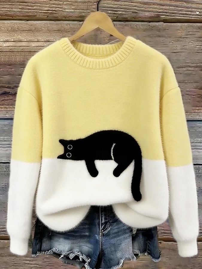 Bonnie cat print oversized sweater in yellow, front view